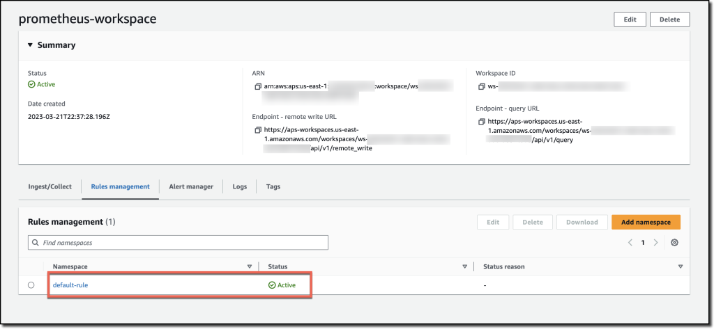 The Rules management page of the Prometheus workspace has been updated with a default-rule that is in an Active state