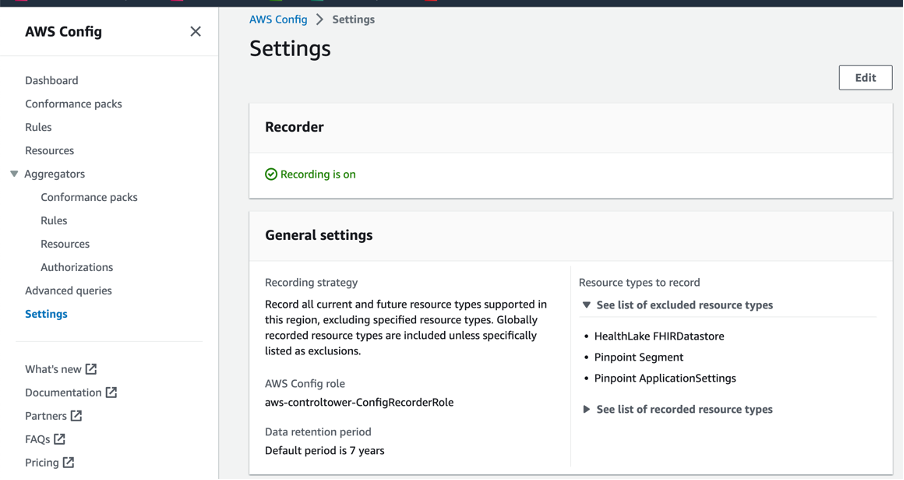Figure #7: AWS Config console general settings