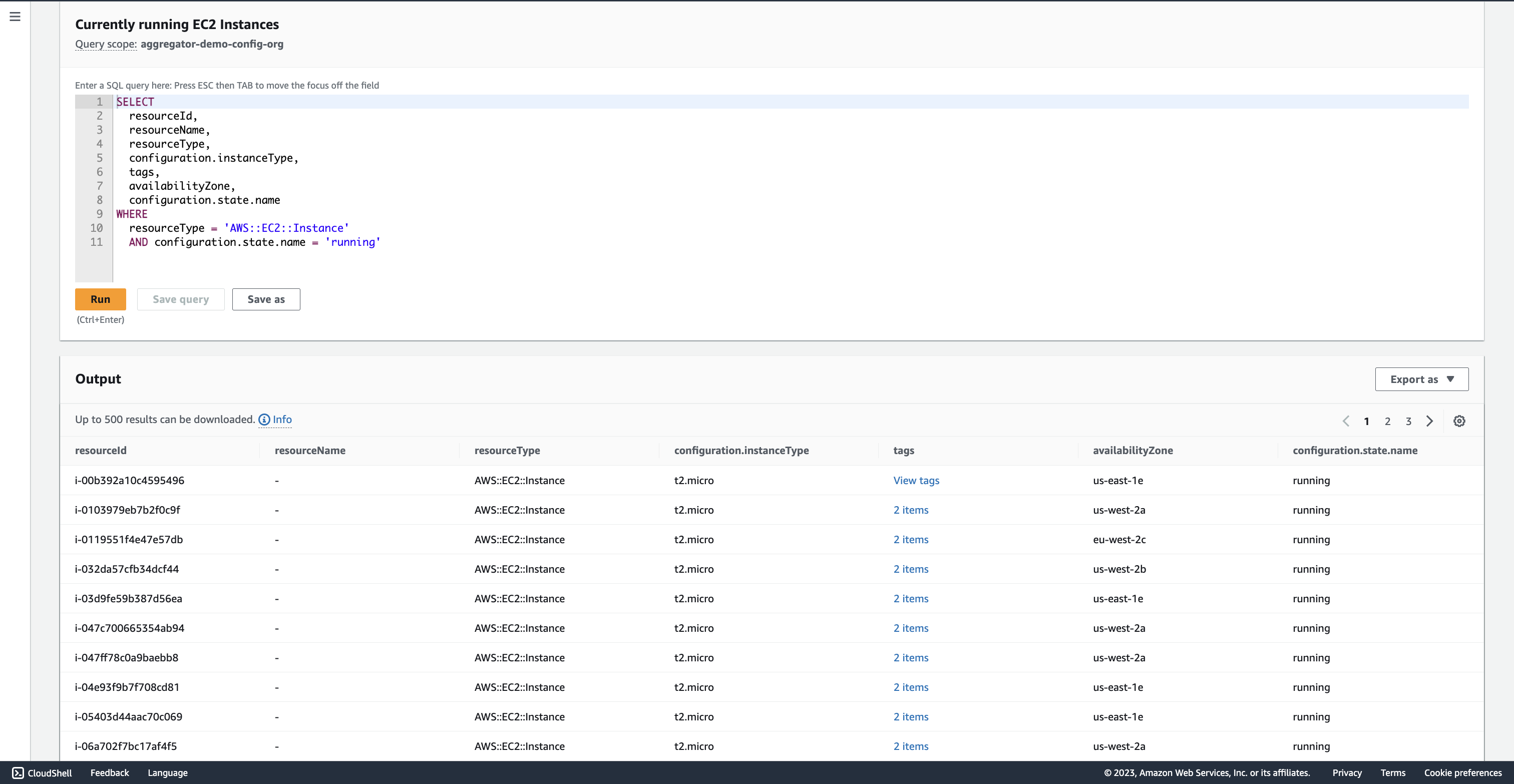 AWS Config Advanced Queries - example query run against organization-level aggregator ("Describe all EC2 instances currently running")