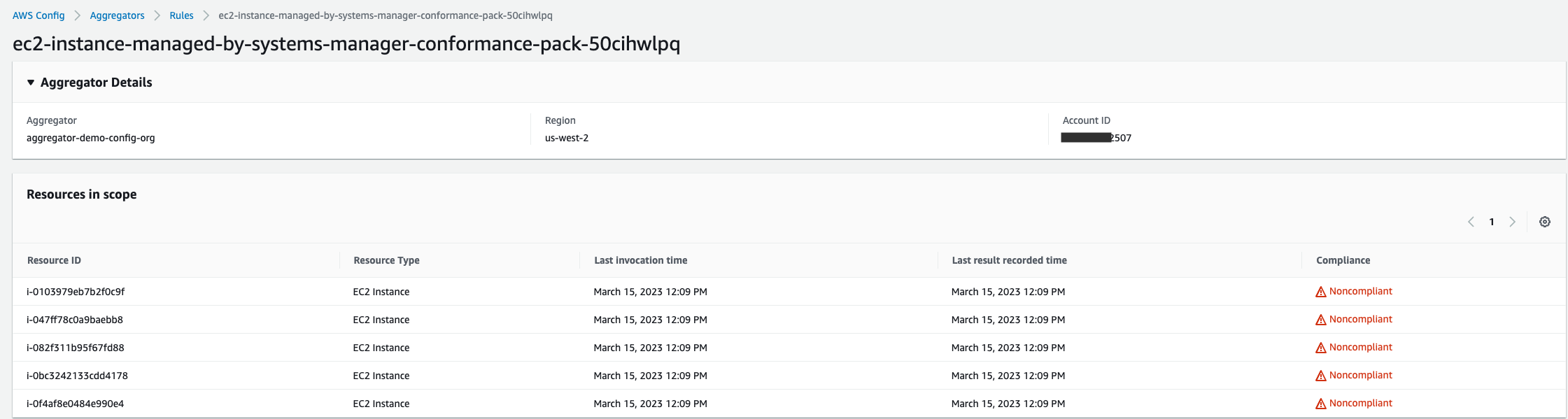 Detailed list of individual EC2 instances not managed by SSM Agent.