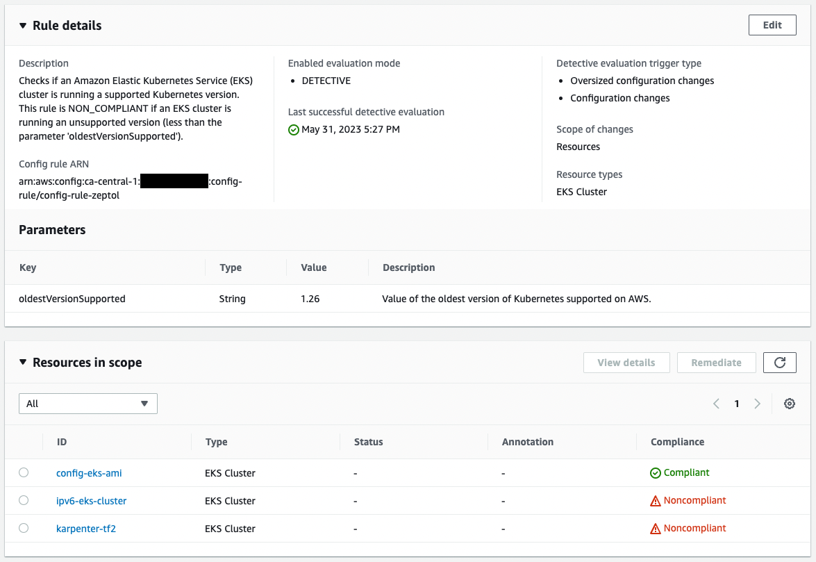 Console view of managed rule eks-cluster-supported-version details in AWS Config