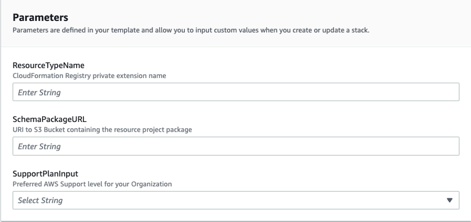 Figure 2: CloudFormation template parameters used to setup the registry extension and AWS Config rule