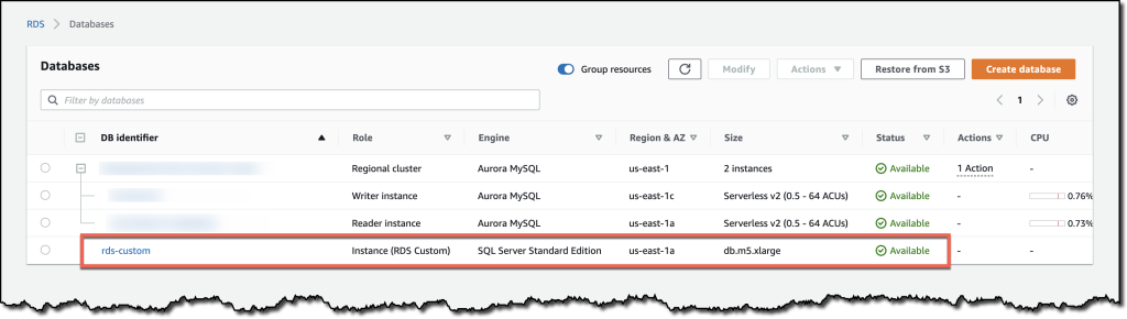 The RDS Custom for SQL Server database instance in the RDS console. You can see the role, engine, region, size, and status of the instance
