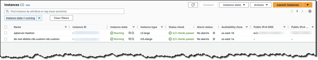 The EC2 instance view, which shows the Windows bastion host and the RDS Custom for SQL Server instance. The console shows the instance state, instance type, state checks, alarm status, availability zones, and public IPv4 DNS information for the instances