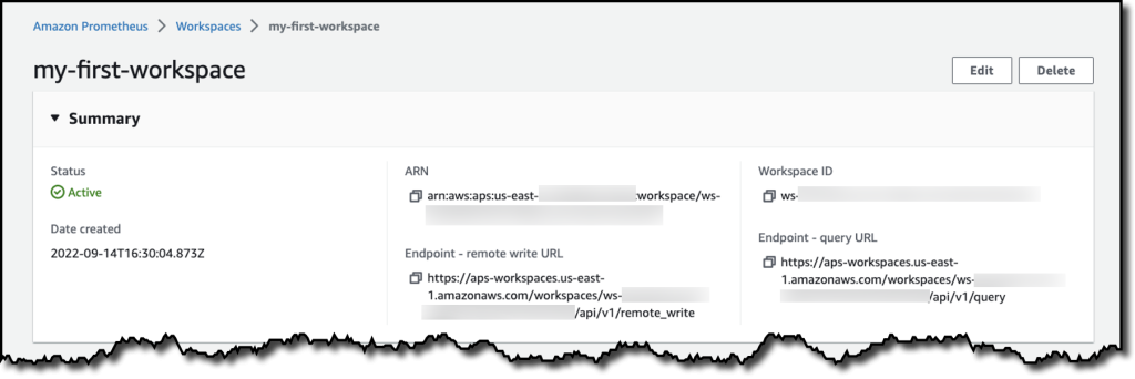 On the screen showing the Amazon Managed Service for Prometheus workspace that was created, you see the workspace's ARN, remote write endpoint, query endpoint and Workspace ID 