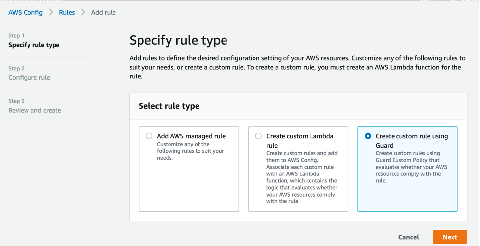 Select create custom rule using guard