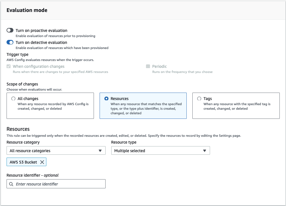 Define what resource types will cause the Config rule to evaluate and in which mode.