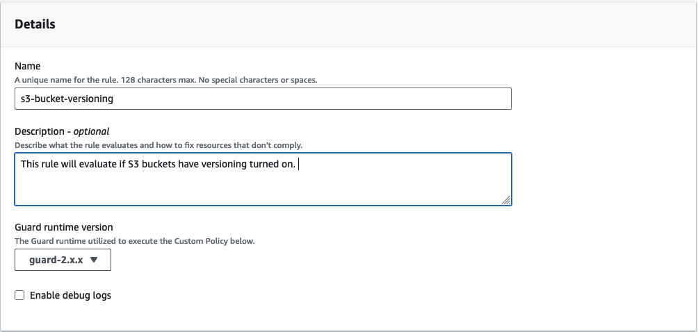 Giving the custom rule a name and a description