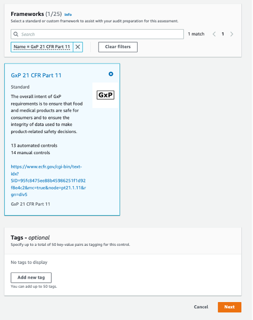 Select the GxP framework from the search bar