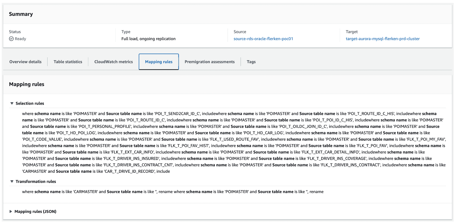Figure 6. DMS CDC Task Mapping Rules