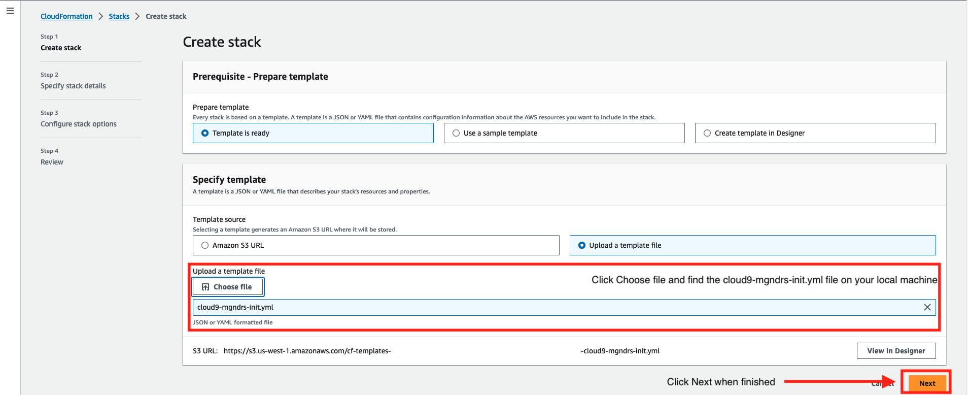 Choose the AWS Cloud9 CloudFormation template from your local machine when creating the CloudFormation stack