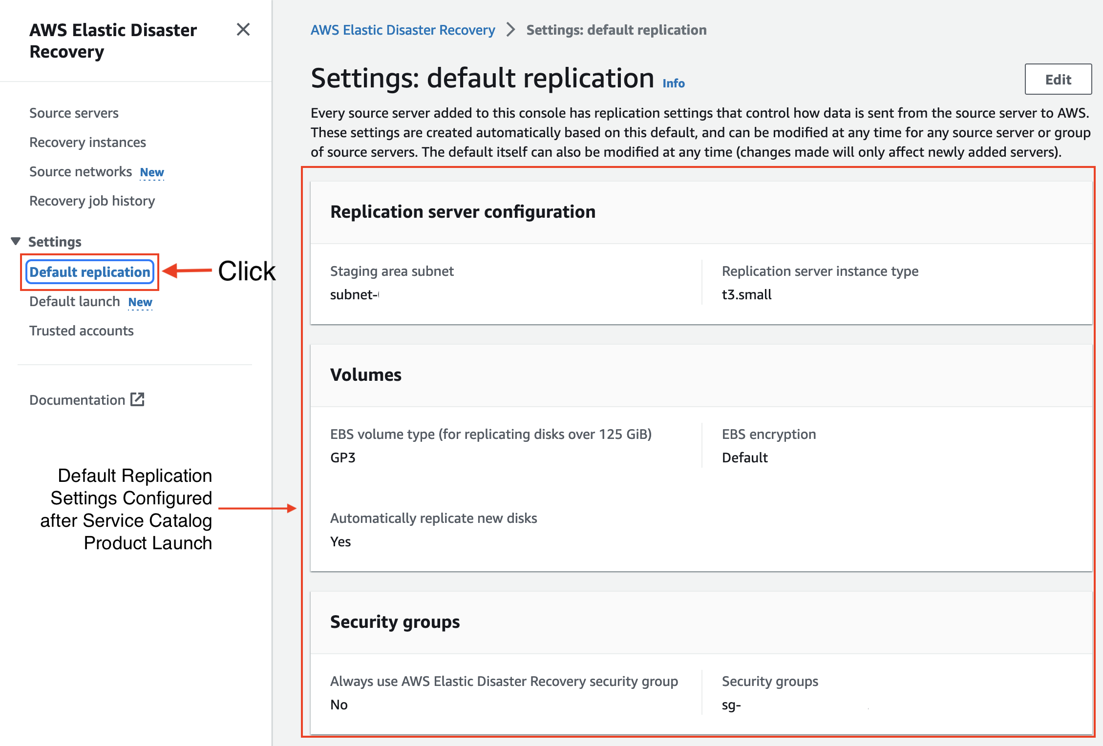 After the Service Catlaog Product for AWS DRS initialization completes the AWS DRS service replication settings will be configured