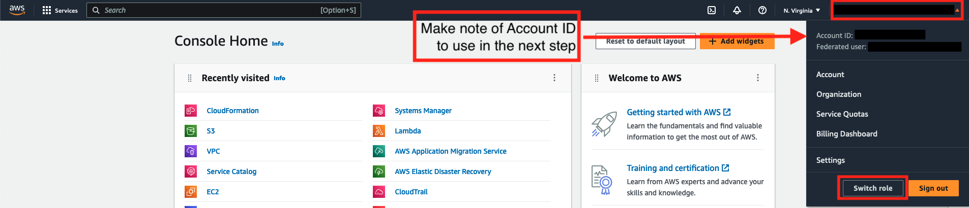 In the top banner in the AWS Account, click on the username/AWS Account ID drop down to open the menu and click Switch Role