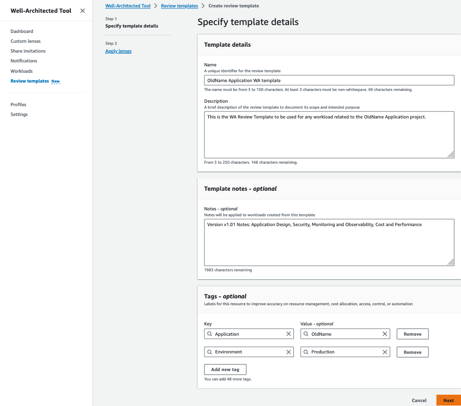 Well-Architected Tool Create Review Template "Specify template details" page