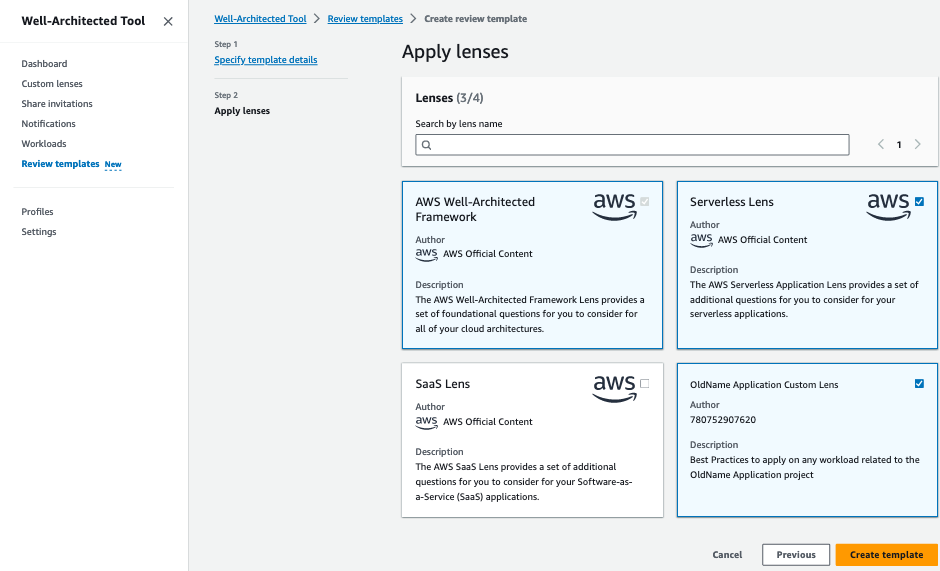 Well-Architected Tool Create Review Template "Apply lenses" page