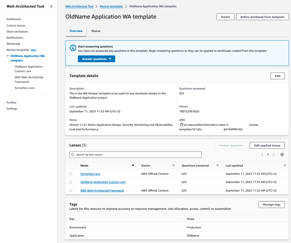 Well-Architected Tool created Review Template page
