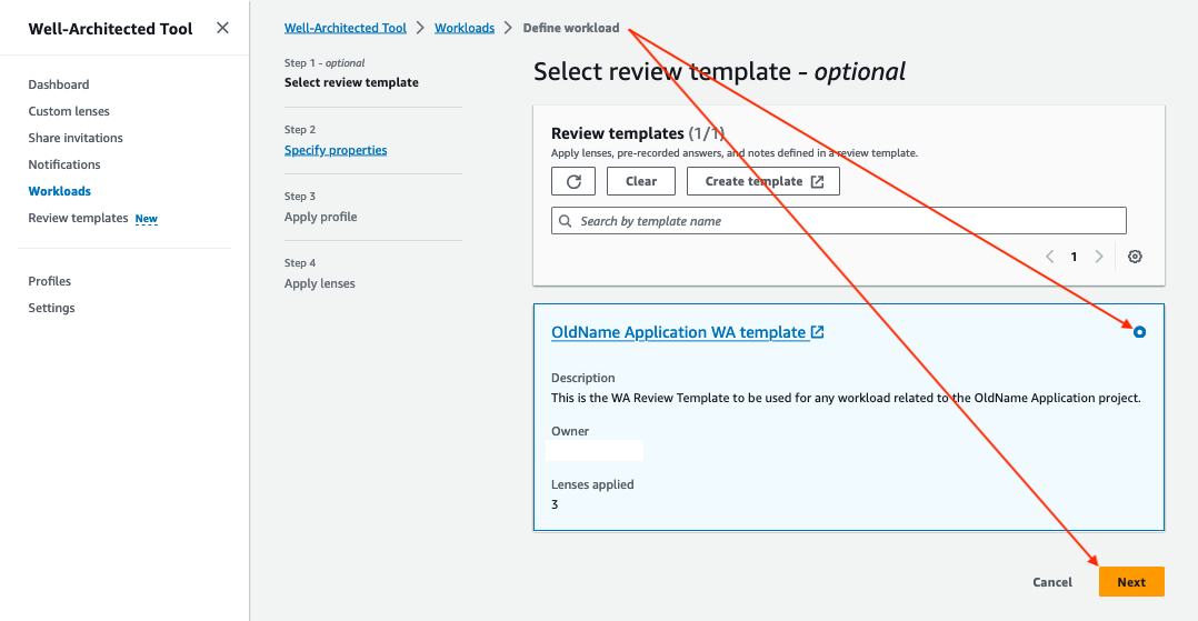 Well-Architected Tool "Define from review template" "Select review template" page