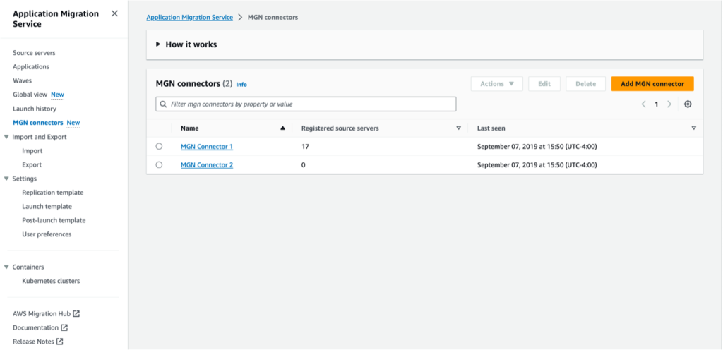 MGN connector registered and listed successfully in the console