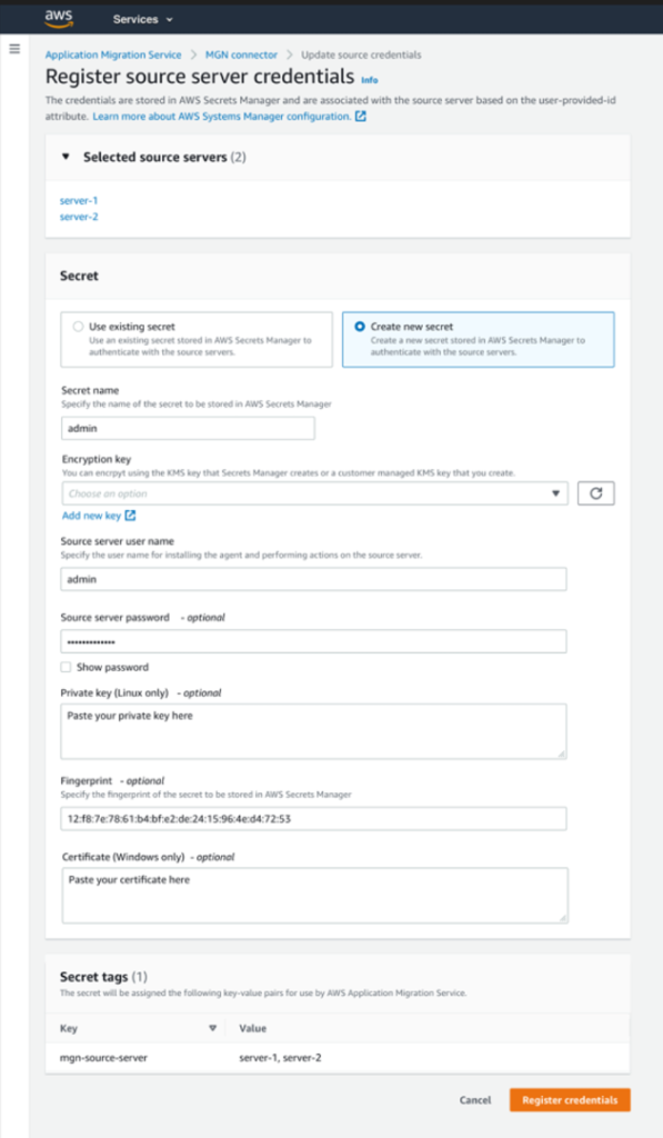 Adding server credentials to the AWS secret manager