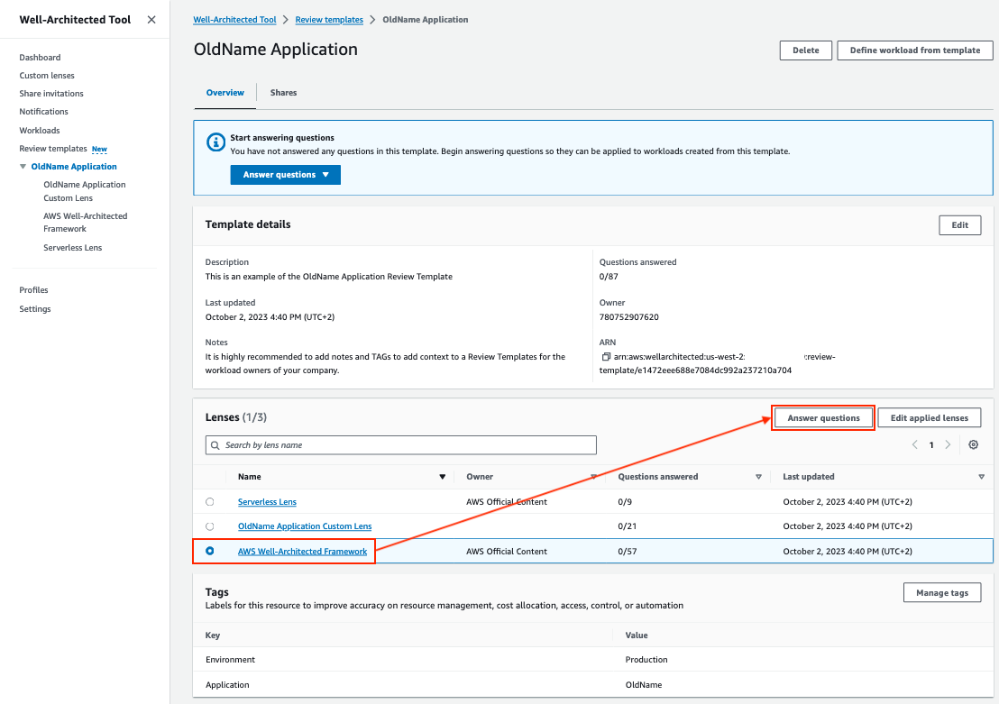 Well-Architected Tool created Review Template page with "Serverless lens" and "Answer questions" highlighted to show how to answer questions within the template.