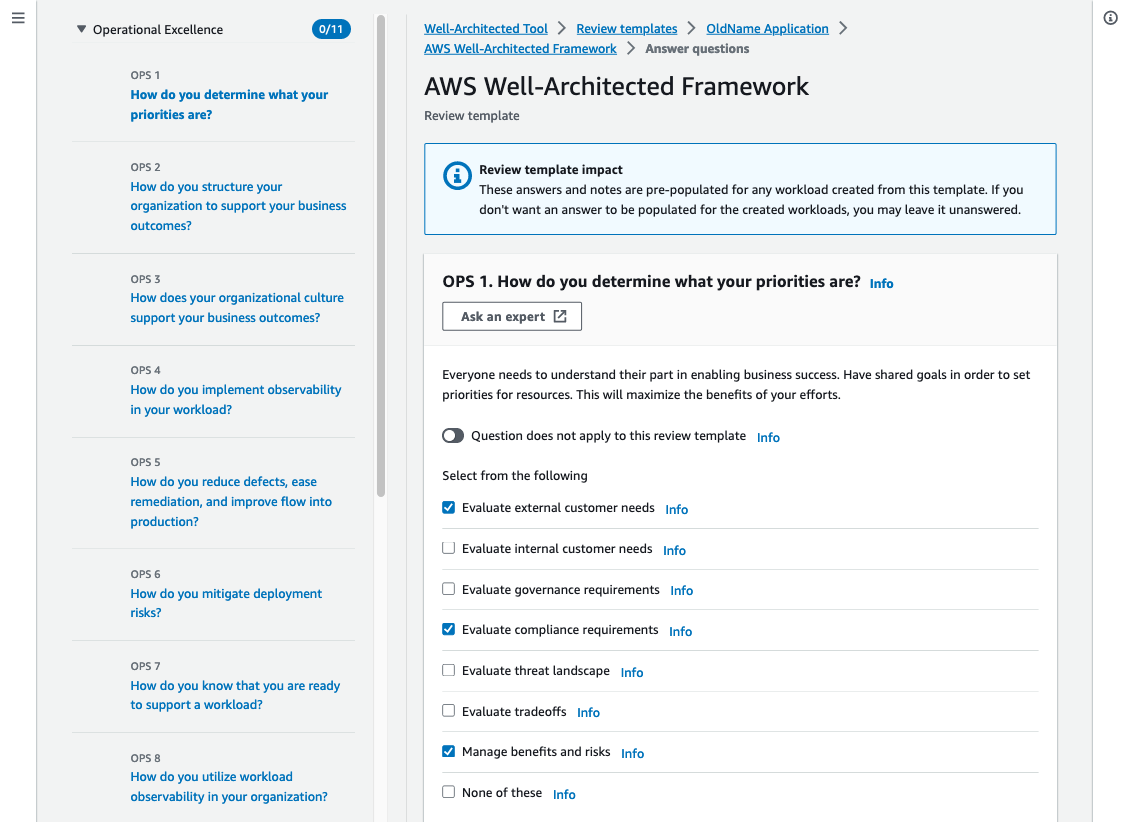 Well-Architected Tool Review Template page with Serverless question as example. Part1/2