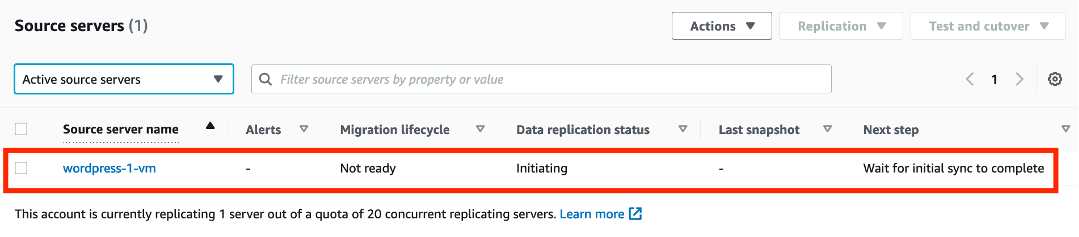 Figure 12 Source server name appearing in the active source servers list of MGN.