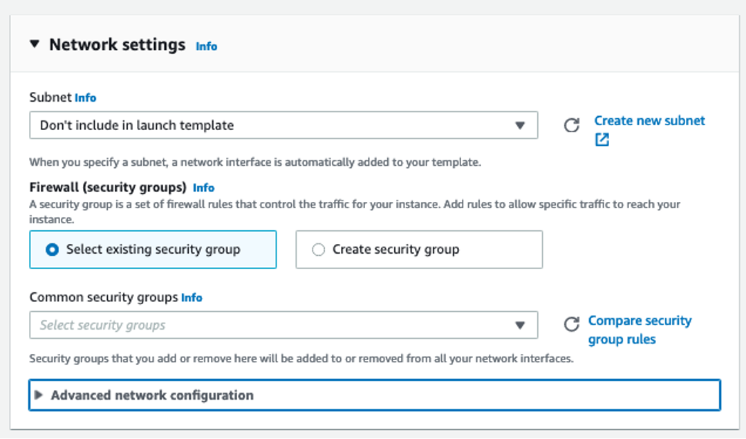 Figure 14 Network settings page within the EC2 launch template.