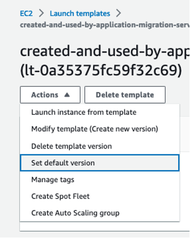 Figure 17 Launch template dropdown menu showing where to set default version.