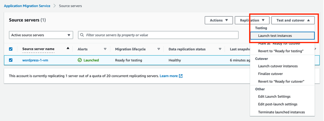 Figure 18 Selecting launch test instances from the test and cutover dropdown.