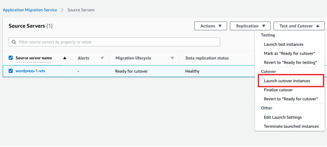 Figure 19&nbsp; Selecting launch cutover instances from the test and cutover dropdown.