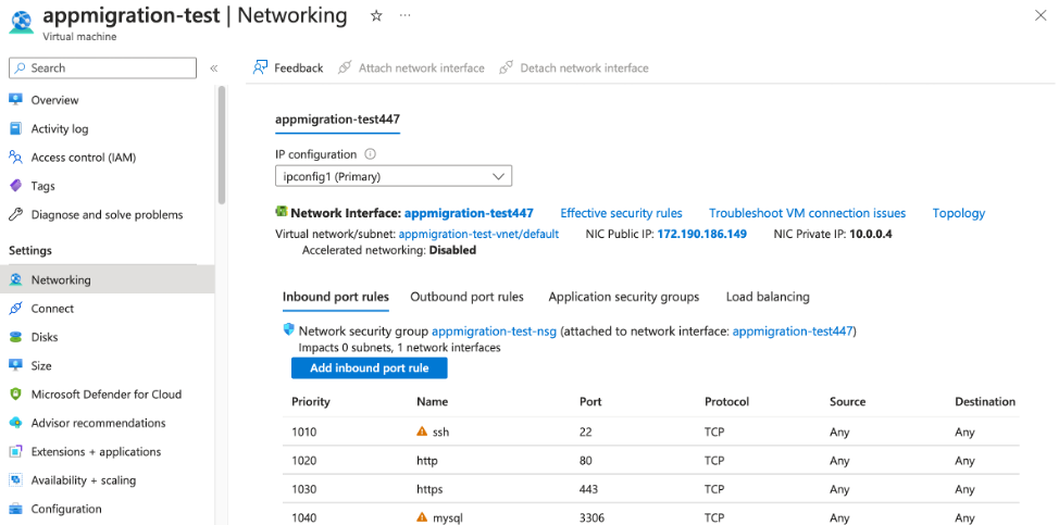 Figure 2 Networking page for the source server running WordPress.