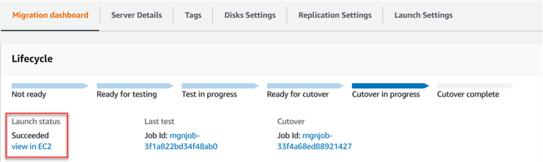 Figure 20 The instance migration dashboard. Here is where we can navigate to the launched EC2 cutover instance.