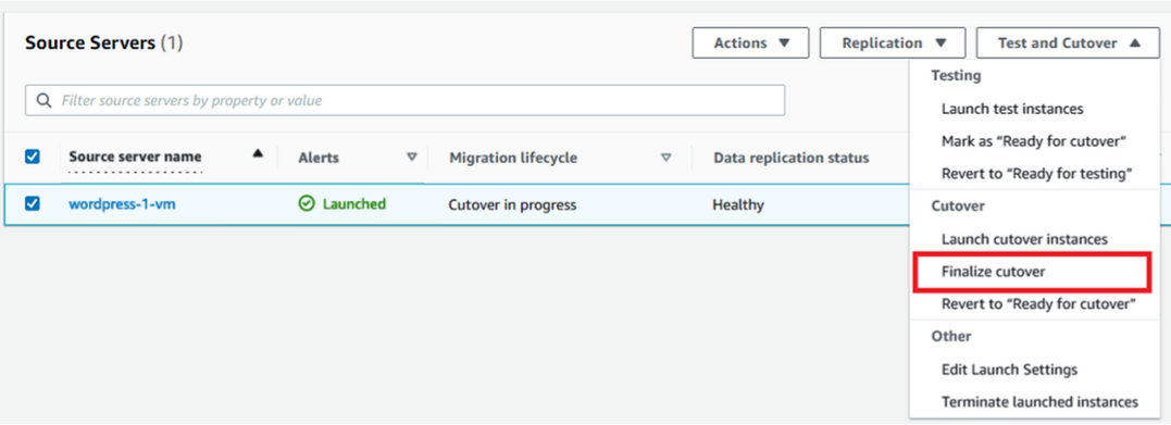 Figure 22 Selecting finalize cutcover from the test and cutover menu.