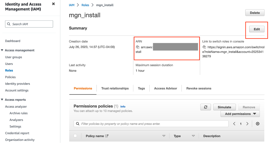 Figure 5 mgn_install role summary page where we can note the role ARN and also edit session duration.