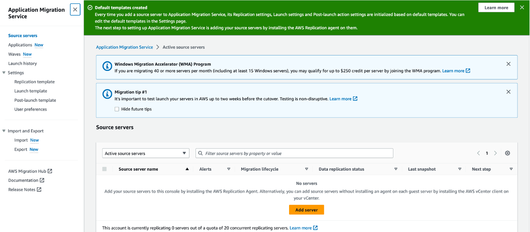 Figure 6 AWS MGN Source servers page where we can add a new source server.