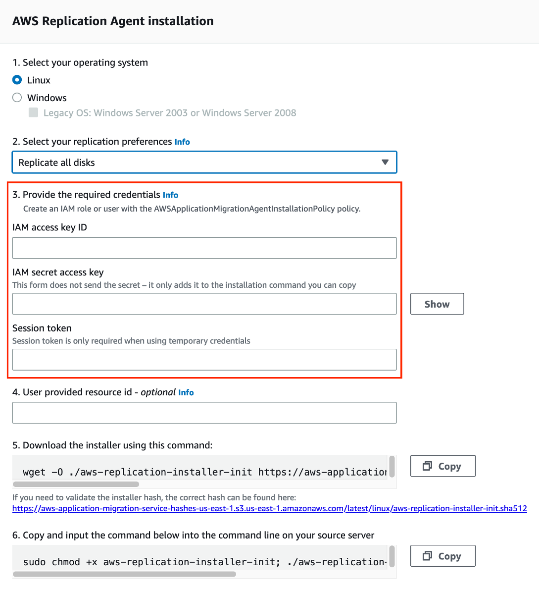 Figure 7 AWS Replication Agent installation page where we can provide the required credentials to generate an installer command for our source server.