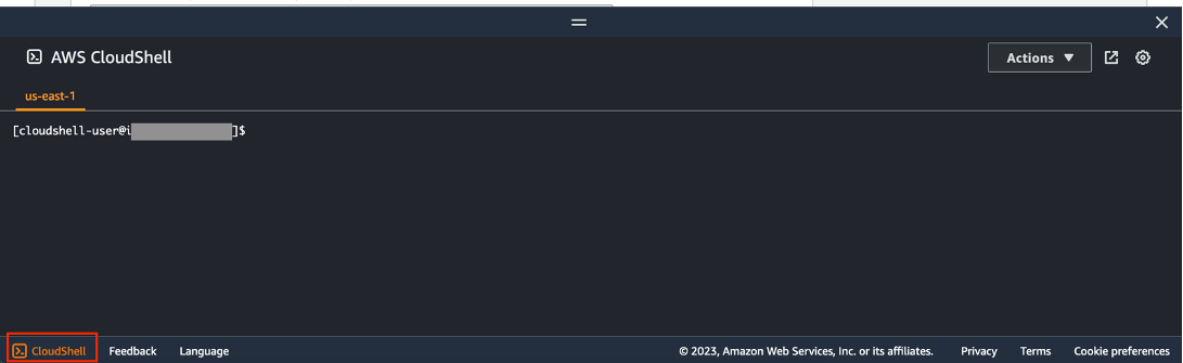 Figure 8 The AWS CloudShell interface that you can view by selecting the CloudShell button in the bottom left of the console page.