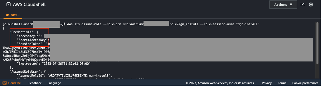 Figure 9 The cloudshell output after running the aws sts assume-role command.