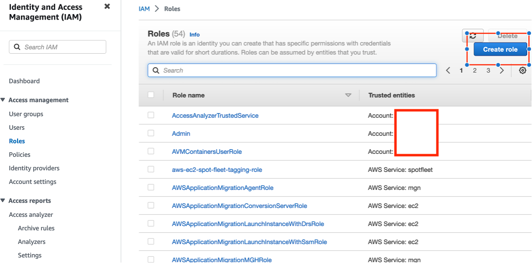 AWS IAM Roles page where we can create a new role