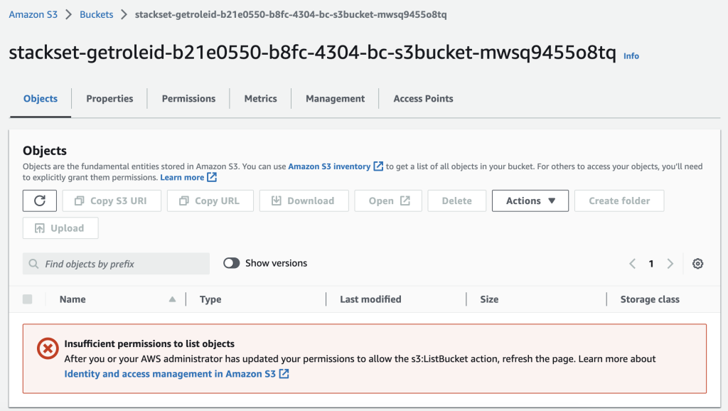 Figure 3: Screenshot demonstrating a user that does not have proper permissions to view an S3 object.