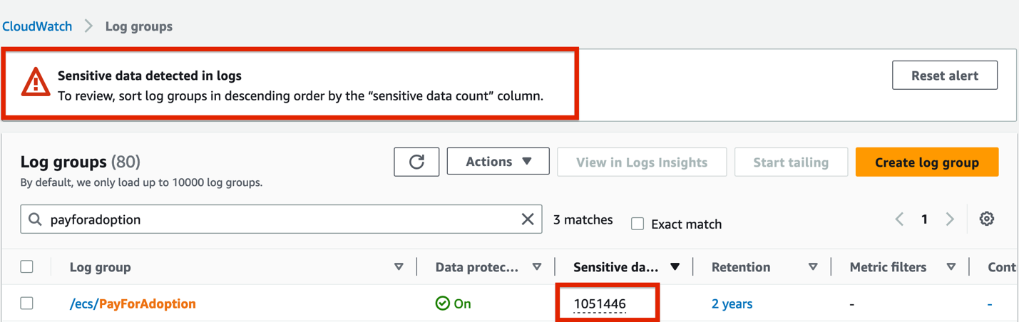 Sensitive data detected in CloudWatch Logs