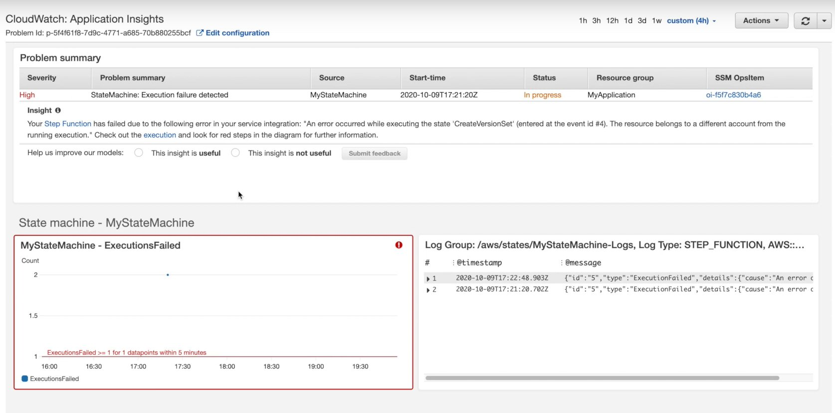 CloudWatch Application Insights dashboard showing an automatically detected issue on Step Functions application with AWS SAM