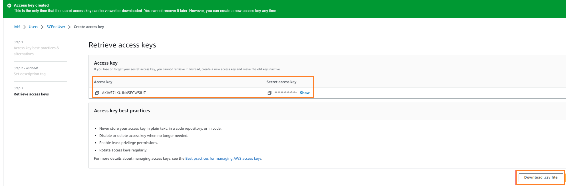 Fig 14 shows how to view and download the access key to SCEndUser
