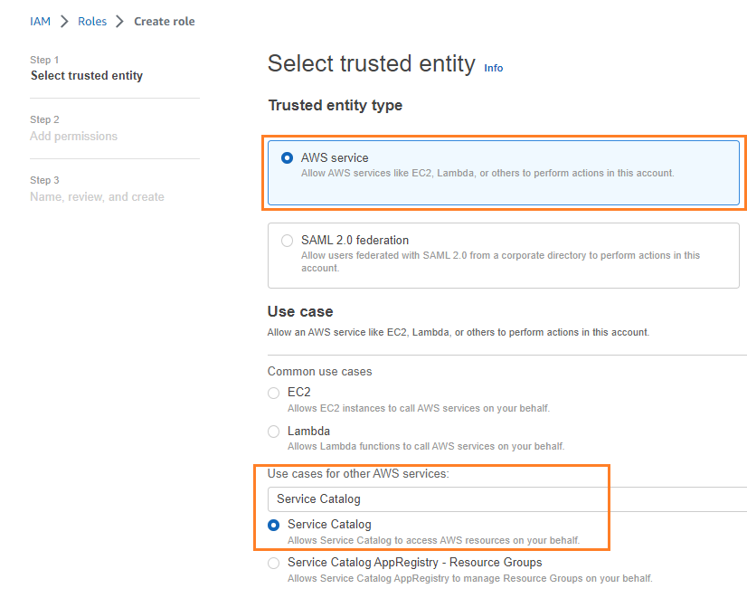 Fig 15 shows how to create a role for Service Catalog service