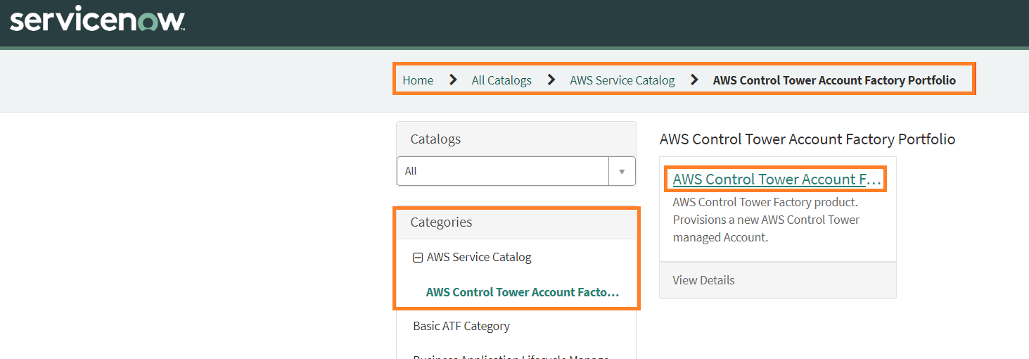 Fig 21 shows how to access AWS Control Tower Account Factory Portfolio from ServiceNow Portal