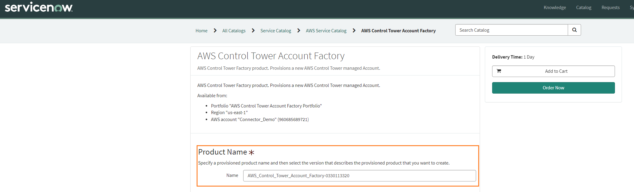 Fig 22 shows steps to ordering an AWS Account from ServiceNow Portal