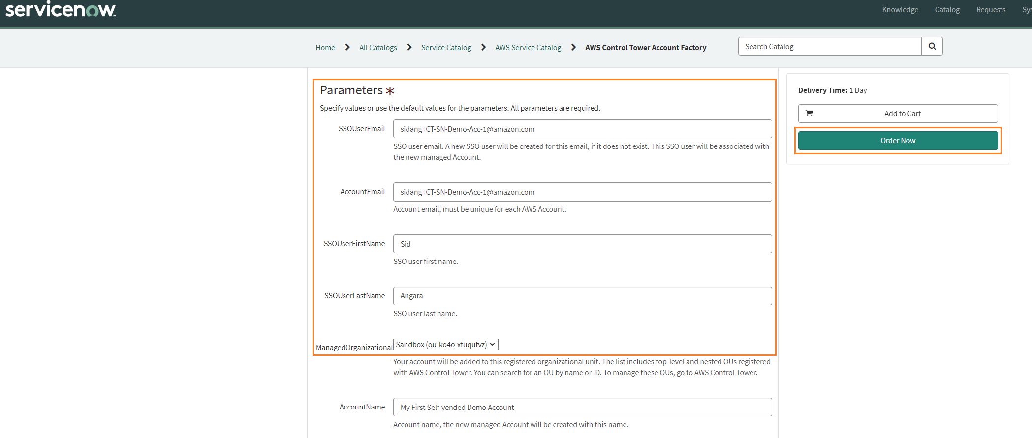 Fig 23 shows steps to ordering an AWS Account from ServiceNow Portal
