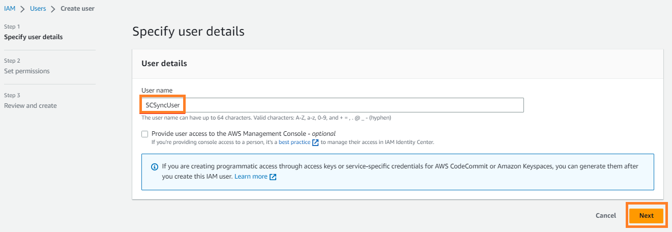 Fig 3 shows creating a user called SCSyncUser