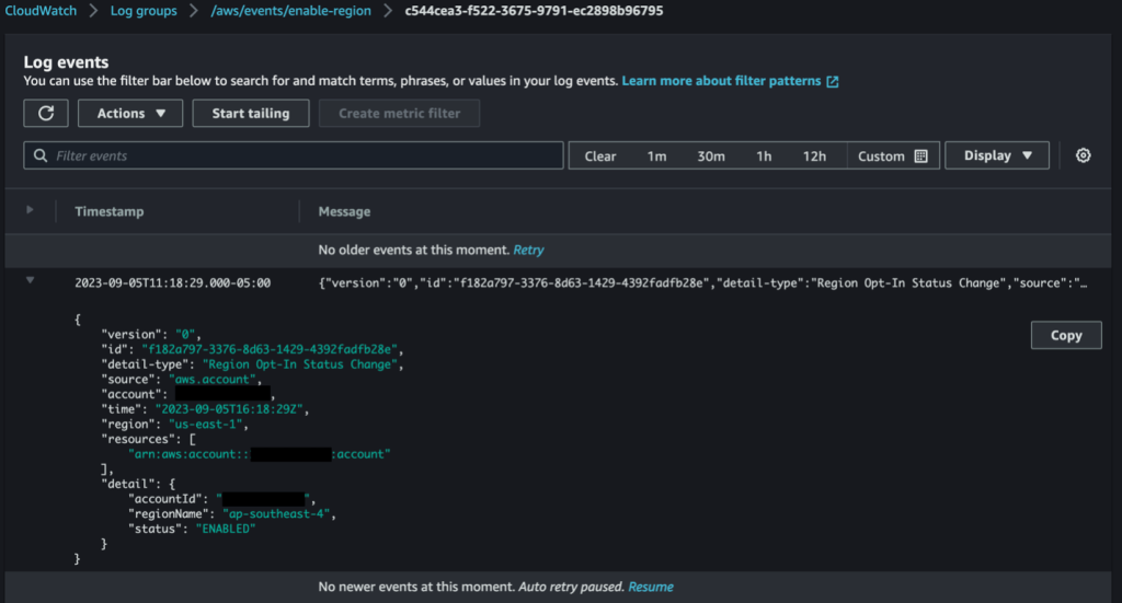 Image 2: CloudWatch Log group showing EnableRegion event