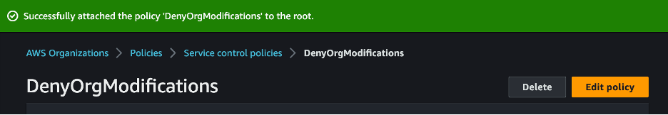 Success message when 'DenyOrgModifications' is attached to the OU
